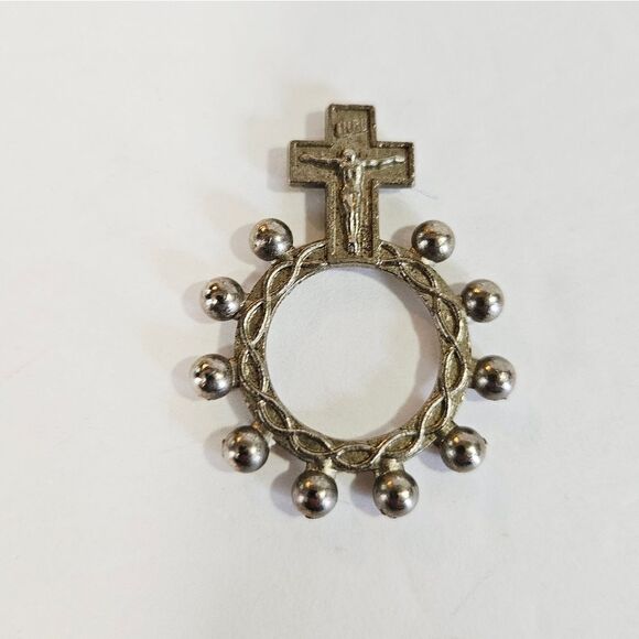 Vintage Italian Pocket Rosary Prayer Ring Crucifix Silver Tone Catholic Cross - Picture 2 of 6